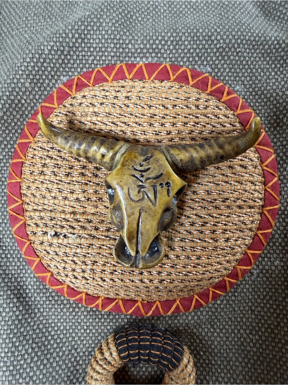 Bohemian Buddhist Inspired Hand Made Hemp Canvas Resin Yak Skull Om Symbol Tote - Picture 3 of 12